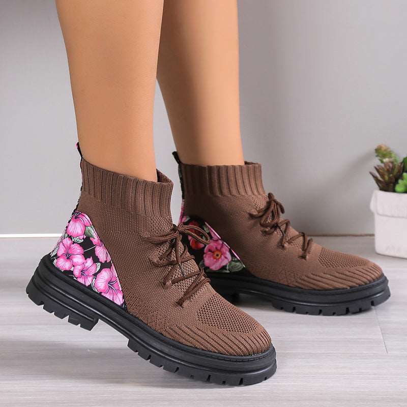 Floral Women Autumn Winter Ankle Boots