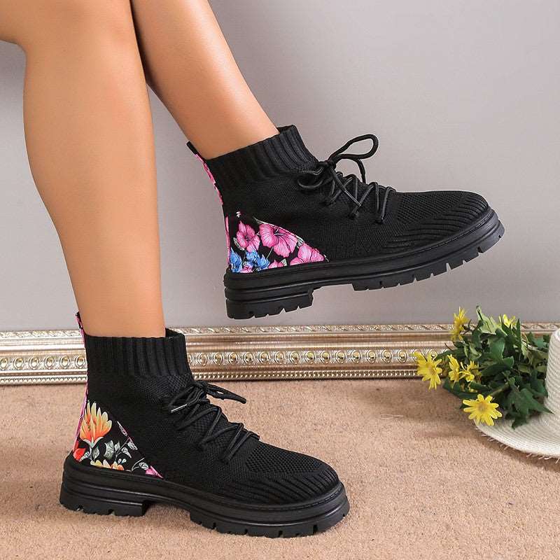 Floral Women Autumn Winter Ankle Boots