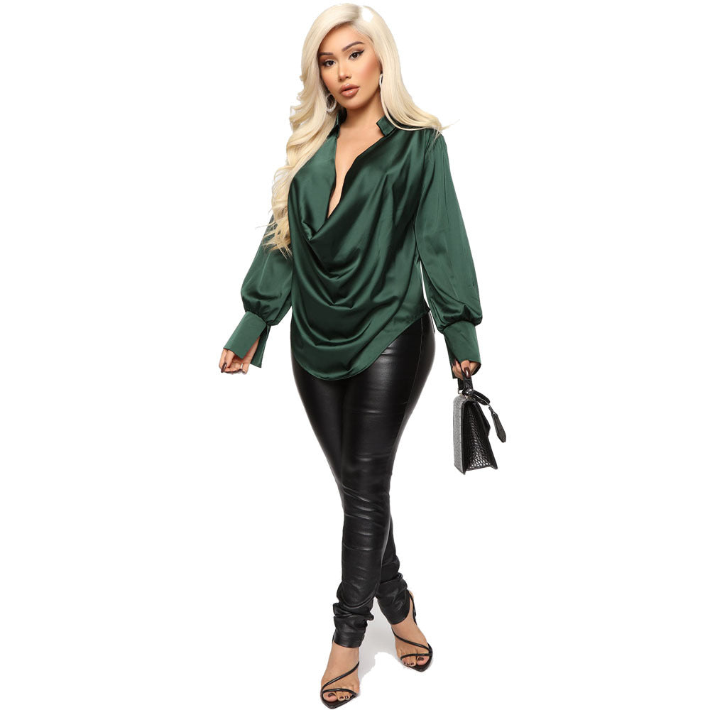 Long-sleeved Deep V-neck Satin