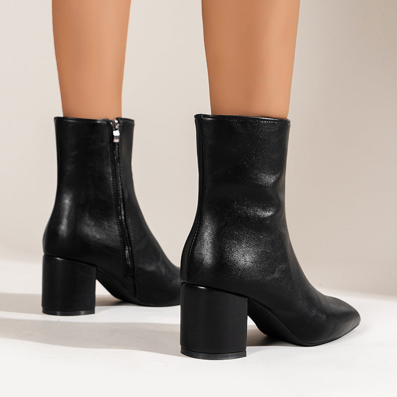 Chunky Heel Pointed boots Zipper