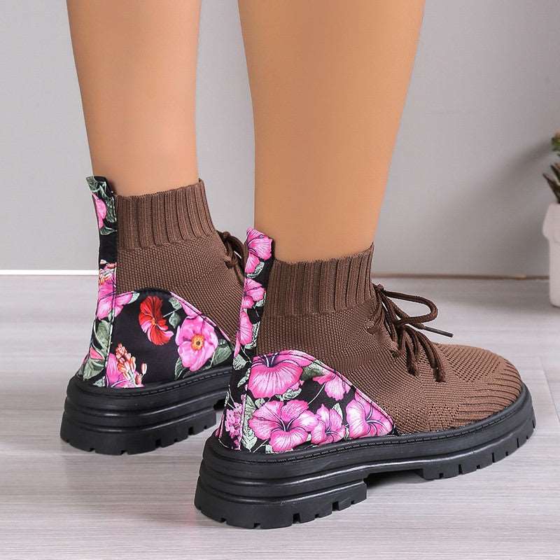 Floral Women Autumn Winter Ankle Boots