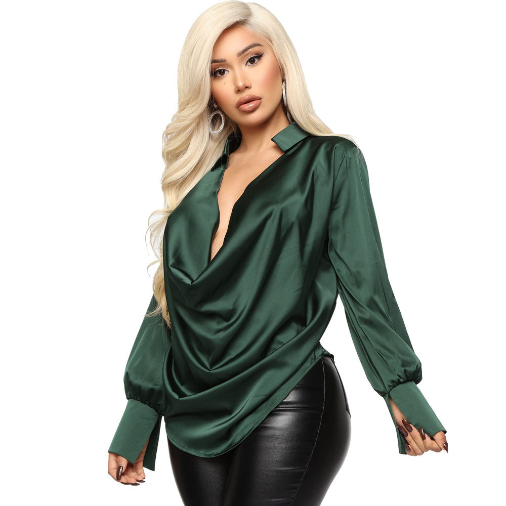 Long-sleeved Deep V-neck Satin